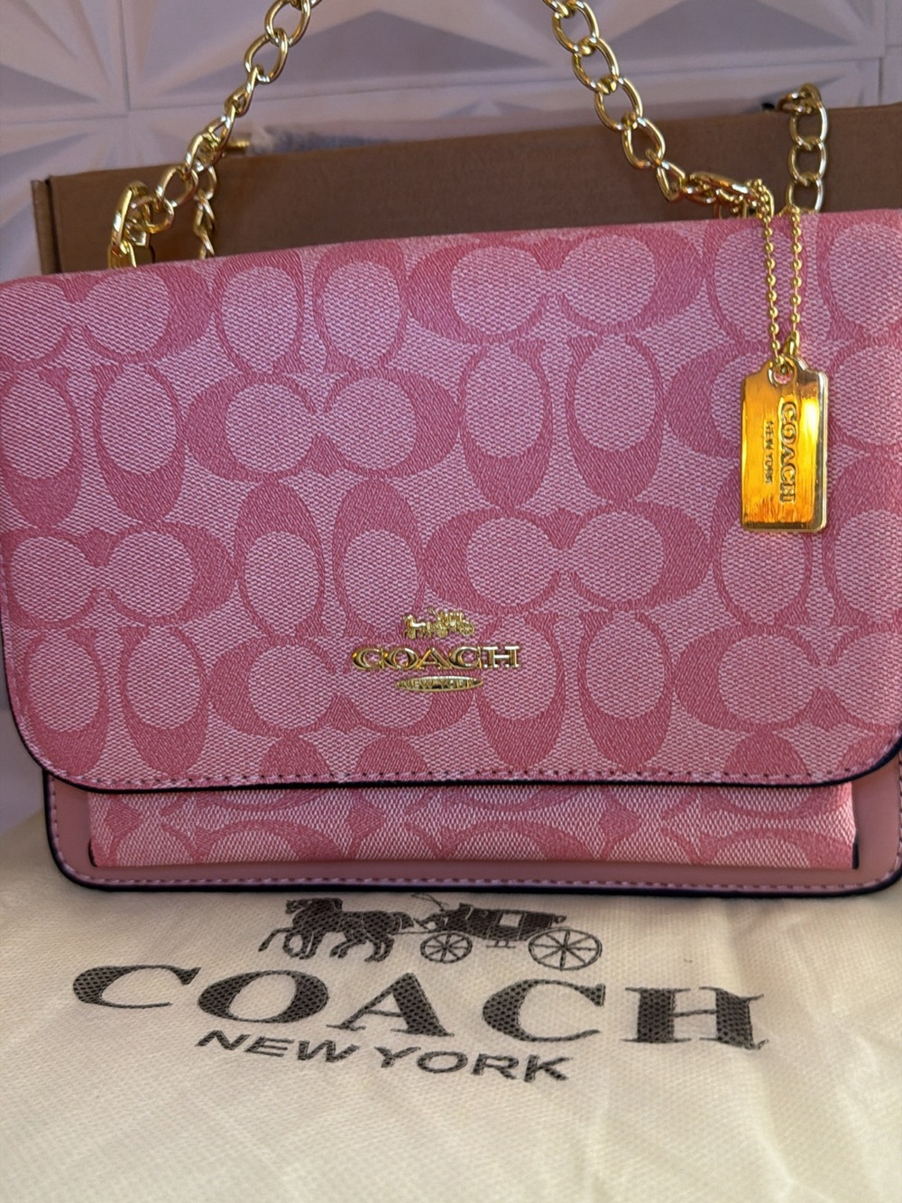Coach Pink Signature Chain Flap Shoulder Bag